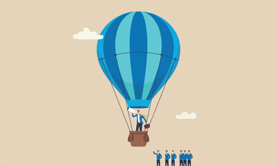 Fototapeta premium Differentiate, difference, unique or outstanding concept, initiative businessman flying with balloon stand out from other same competitors