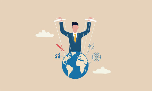 World power manipulate control economy, stop the war for world peace, political and conspiracy theory concept, anonymous businessman hand with puppet string to control the world
