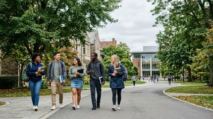 Fototapeta premium Diverse group of college students walking together on campus during the day