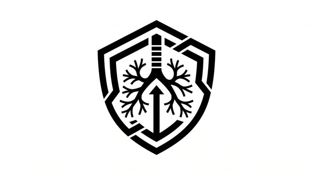 Stylized black and white logo depicting human lungs and trachea within a protective shield, with an upward arrow symbolizing respiratory health, vitality, and progress.