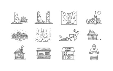 Naklejka premium Collection of Scandinavian cultural and natural icons in a minimalist line art style
