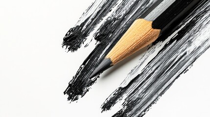 Fototapeta premium A close-up view of a wooden pencil and strokes of black paint on a white background, ideal for artistic and creative projects.
