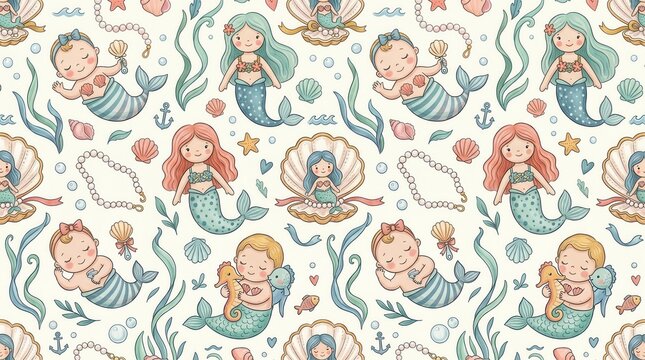 Smiling mermaids and mermen with ocean friends form a sweet, continuous underwater pattern