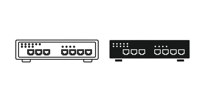 Network switch device in outline and solid fill styles on white background for technology concept