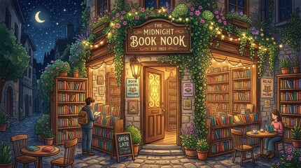 Fototapeta premium Charming book nook on a cobblestone street at night with fairy lights