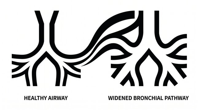 Comparison of healthy airway and widened bronchial pathway diagrams illustrating respiratory conditions and anatomical differences.
