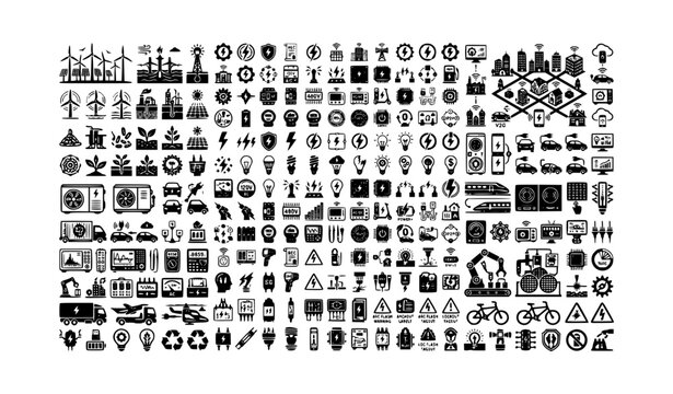 Renewable energy icons with lightning bolt and lightbulb symbols black and white
