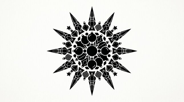 Intricate black and white symmetrical starburst design with ornate details and sharp points on a light background, resembling a complex mandala.