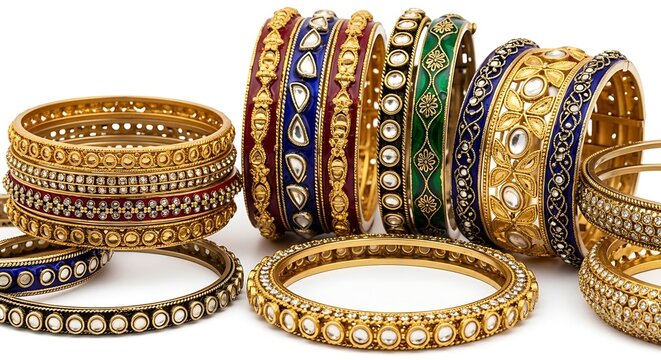 Traditional Indian gold bangles with stones isolated on white