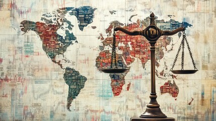 Fototapeta premium A global finance law concept with scales of justice overlaid on a world map filled with stock market symbols