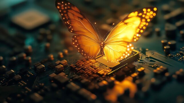 A glowing butterfly emerging from a computer chip.