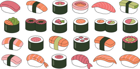 “Colorful vector sushi assortment featuring nigiri, maki rolls, and gunkan with salmon, tuna, shrimp, avocado, and roe” © Yesrath Hasan Sobuj