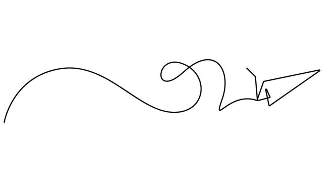 Paper plane animation continuous line drawing showing creative flight trail concepts. Minimal line art animation of a flying paper plane silhouette on a white background.