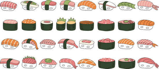 Print“Colorful vector sushi assortment featuring nigiri, maki rolls, and gunkan with salmon, tuna, shrimp, avocado, and roe”“Colorful vector sushi assortment featuring nigiri, maki rolls, and gunkan © Yesrath Hasan Sobuj