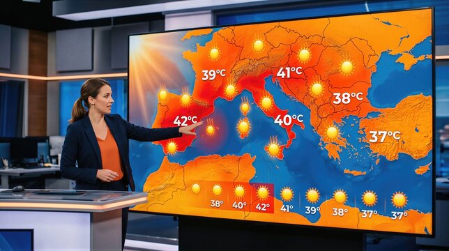 Woman meteorologist presenting weather forecast with high temperature map on screen. News presenter showing extreme heatwave across Europe. Climate change and global warming concept.