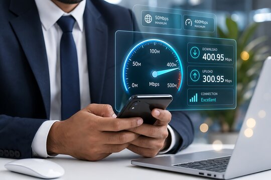 Professional man in a suit checks high-speed internet connection speeds displayed on a holographic smartphone screen near a laptop