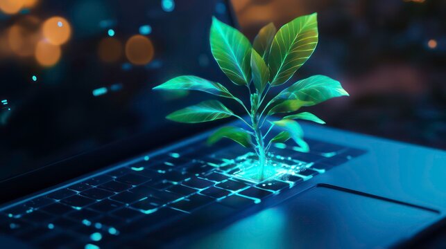 A futuristic glowing plant growing out of an open laptop.