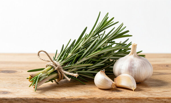 sprig fresh rosemary tied twine base accompanied several garlic cloves set rustic wooden surface soft