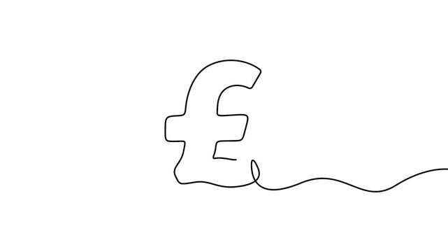 Pound sterling animation in continuous line drawing style for British financial concepts. Minimalist single line art animation of a British pound currency symbol on a white background.