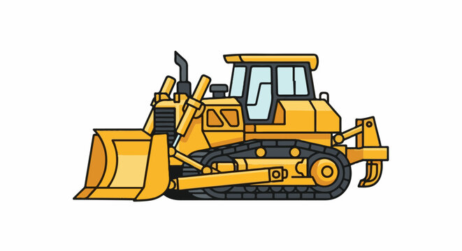 A yellow bulldozer with a blade and tracks on a white background