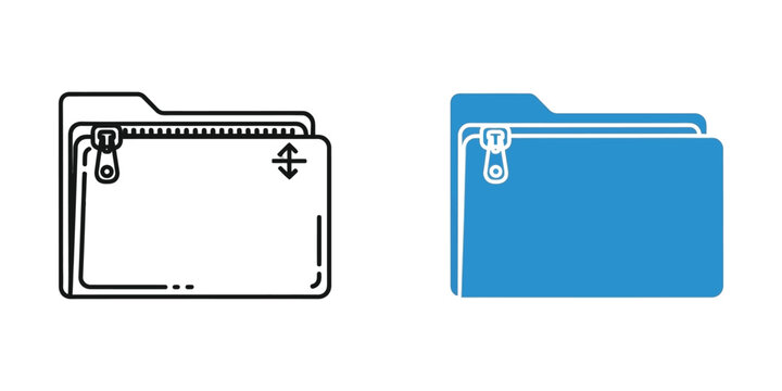 Two zipped file folders with one in outline and the other solid blue on white background vector illustration