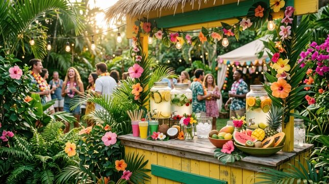 Tropical luau party with fruit drinks and leis in a lush garden setting