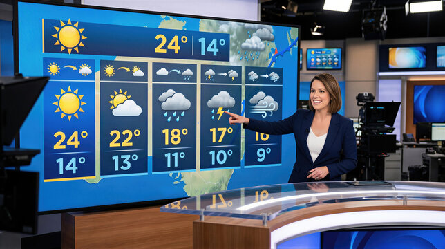 Woman meteorologist showcasing weather forecast on large digital screen in television studio. Professional presenter pointing at climate report graphics. Broadcasting and news media concept.