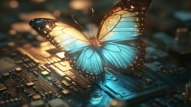 A glowing butterfly emerging from a computer chip.