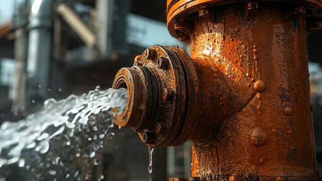Clear water gushing from the threaded nozzle of a rusty metal hydrant inside an industrial setting