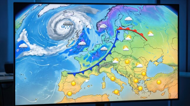 Meteorological digital map showing weather forecast on screen. Dynamic cyclone and front movement over Europe. Global climate data visualization for meteorology and environmental reporting.