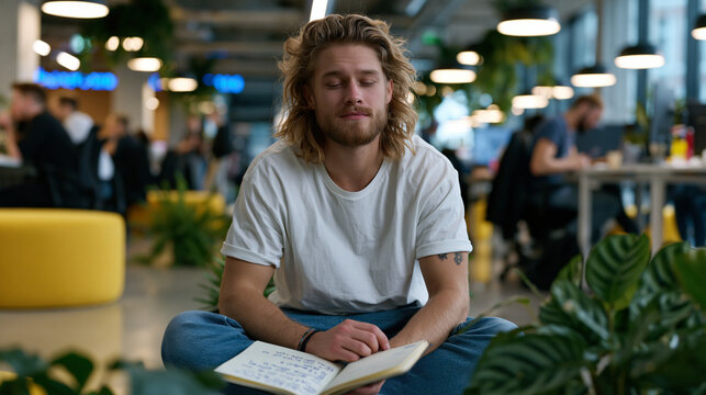 young founder sitting cross-legged on office floor during lunch break, journal open to handwritten self-doubt entries questioning leadership ability, imposter syndrome visible through slumped should