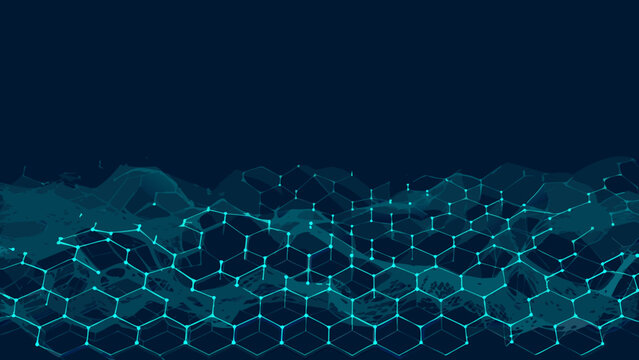 Hexagonal grid network with undulating lines teal vector illustration