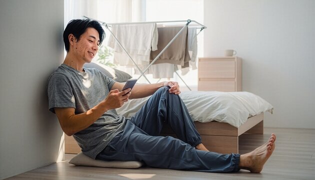 自宅でくつろぎながらスマホを操作する一人暮らしの男性