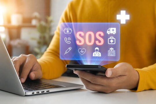 Person uses a smartphone displaying an emergency sos healthcare app while working on a laptop at a desk