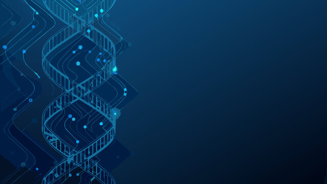 Abstract dna double helix with circuit pattern blue gradient background