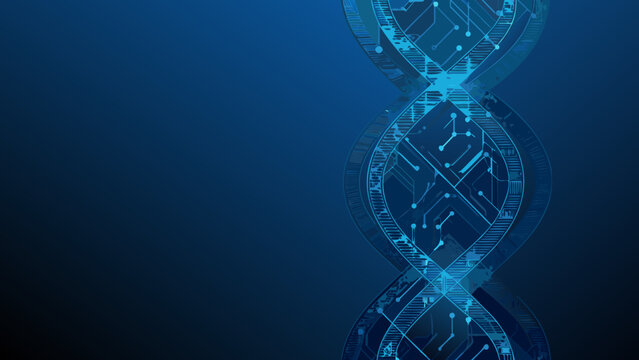 Digital Dna Structure With Circuit Pattern On Blue Gradient Background