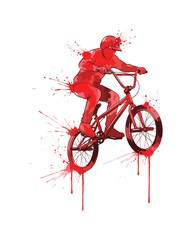 Naklejka premium Dynamic red BMX rider performing a jump with paint splatters