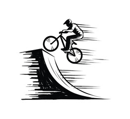 Naklejka premium Silhouette of a BMX rider performing a jump off a ramp with motion blur effect