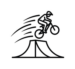 Naklejka premium Cyclist performing a jump on a ramp with motion lines indicating speed