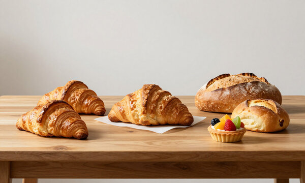 wooden table set assorted baked goods including flaky croissants crusty bread sweet rolls colorful fruit tarts soft warm