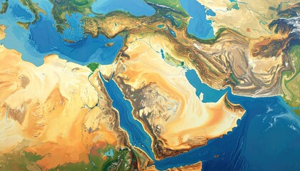 Fototapeta premium Middle East Topographic Map: Saudi Arabia, Iraq, Iran, Egypt, Red Sea, Persian Gulf