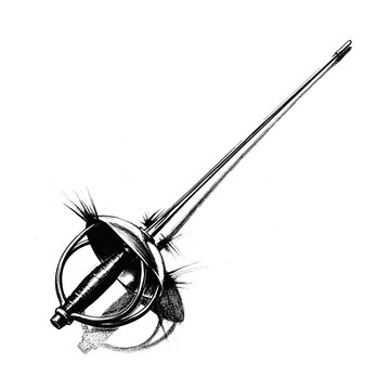 Detailed illustration of a rapier sword with a complex basket hilt