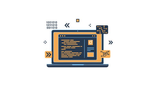 Open laptop displaying complex computer code with floating binary numbers and circuit board icons software development and digital technology.
