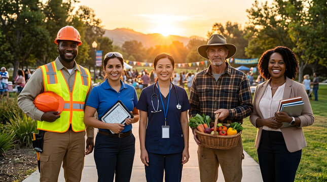 Diverse group of professionals standing together outdoors