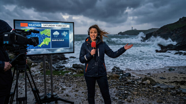 Woman meteorologist reporting on stormy weather during a gale near the sea. Television news reporter presenting a weather forecast on a beach with rough ocean waves and lighthouse background.