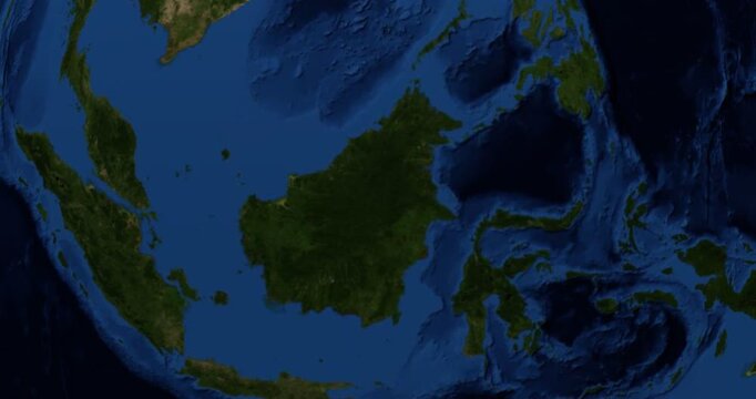 Borneo on Globe. Zoom into the island with Earth spinning in space. High detail physical world map with Borneo on it. Elements of this image furnished by NASA.