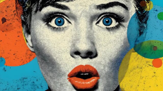 A retro pop art background with a surprised woman's face in a vibrant comic book style. A bold and expressive animation for vintage-themed marketing or creative content.