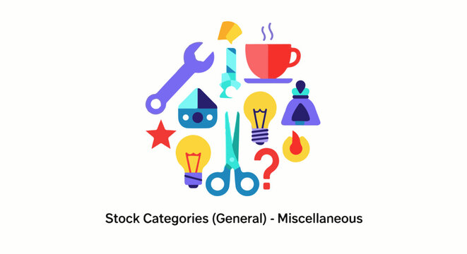 A collage of colorful, flat icons depicting various objects and symbols, including tools, lights, and a question mark