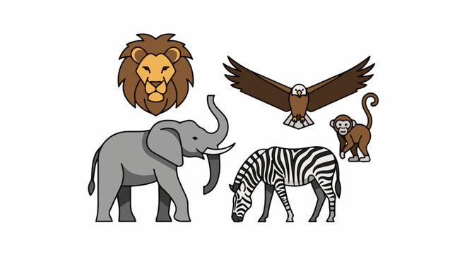 A collection of five stylized wild animals, including a lion's head, elephant, eagle, zebra, and monkey