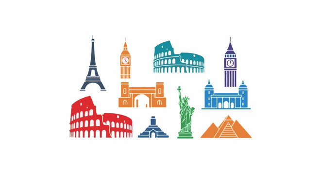 A collage of famous global landmarks rendered in colorful, stylized silhouettes